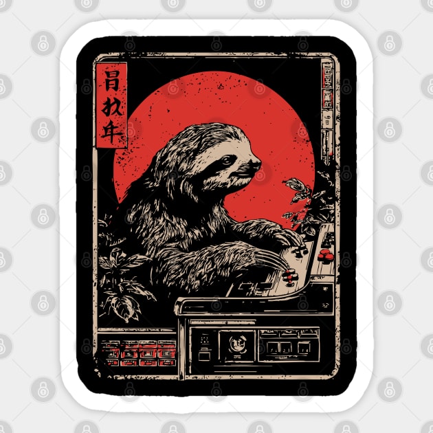 Gaming Sloth - Funny Japanese Vintage Retro Gamer Art Sticker by TuncGK